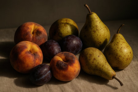 Rustic Still Life Of Peaches Plums And Pears On Linenの素材