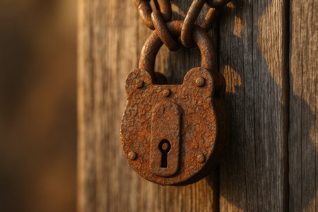 Old Rusty Padlock Hanging On Weathered Wooden Doorの素材