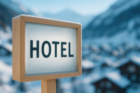 Frosted Hotel Sign in Snowy Alpine Mountain Villageの素材