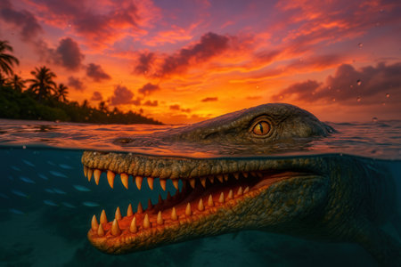 Prehistoric Sea Predator At Tropical Sunset Half Submerged In Oceanの素材