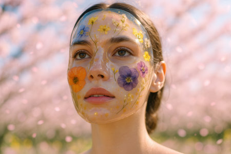 Young Woman With Floral Face Mask Under Blooming Spring Blossomsの素材