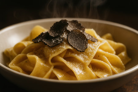 Steaming Pappardelle Pasta With Black Truffle And Parmesanの素材