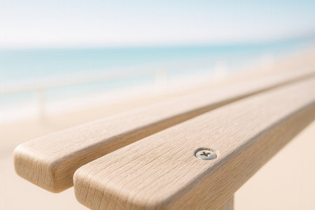Teak Bench Detail With Soft Sea View Backgroundの素材