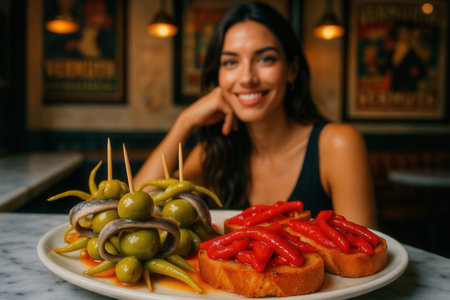 Spanish tapas plate featuring Gilda pintxos with olives and anchovies next to tomato bread toast served in bar with smiling woman backgroundの素材