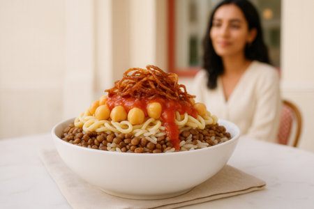 Traditional Koshari Egyptian Dish with Crispy Onions and Chickpeasの素材