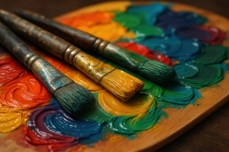 Vintage Paintbrushes Resting On Palette Covered In Vibrant Oil Colorsの素材