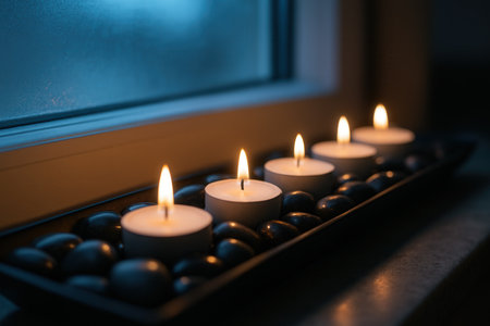 Row Of Glowing Tealight Candles On Pebbles By Evening Windowの素材
