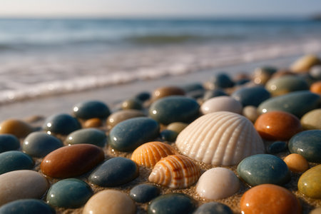 Colorful Beach Pebbles And Seashells At The Water Edgeの素材