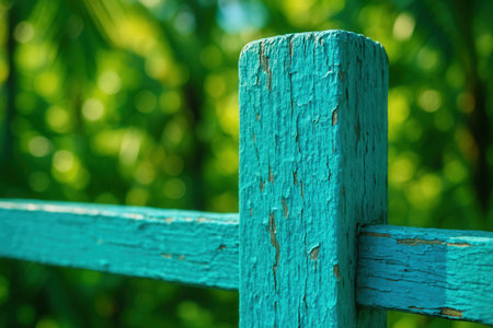 Weathered Turquoise Wooden Fence Post Against Lush Greeneryの素材