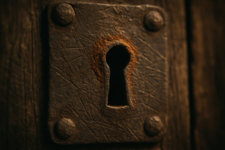 Rustic Metal Keyhole Plate On Weathered Wooden Door Close-Upの素材