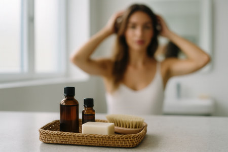 Minimal Bathroom Vanity With Natural Skincare Bottles And Blurred Womanの素材