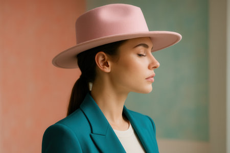 Elegant Young Woman In Pink Hat And Teal Blazer In Stylish Side Profile Against Pastel Backgroundの素材