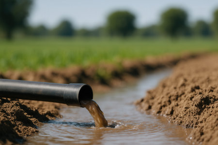 Irrigation Pipe Pouring Water Into Farm Field Furrow In Rural Agricultural Landscapeの素材