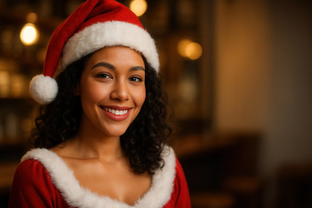 Smiling Young Woman In Santa Hat And Red Festive Outfit In Cozy Holiday Interiorの素材
