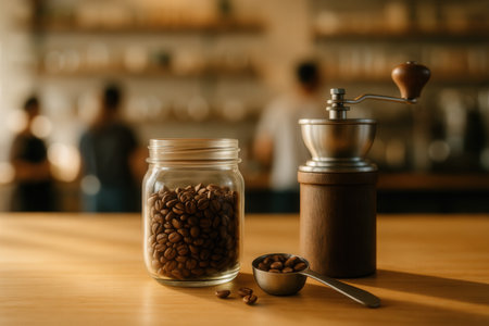 Jar Of Coffee Beans And Hand Grinder On Wooden Counter In Cozy Cafeの素材