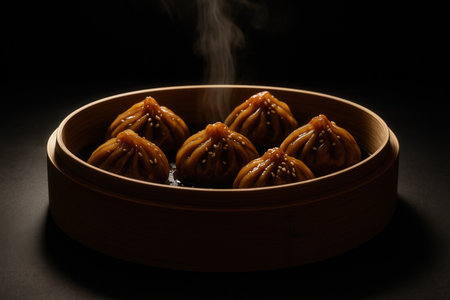 Steaming Dumplings In Bamboo Steamer Basket Against Dark Backgroundの素材