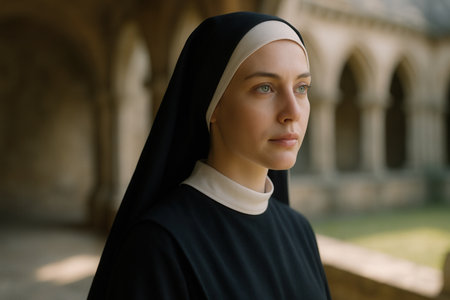 Thoughtful Young Nun Standing In Ancient Cloistered Monastery Courtyardの素材