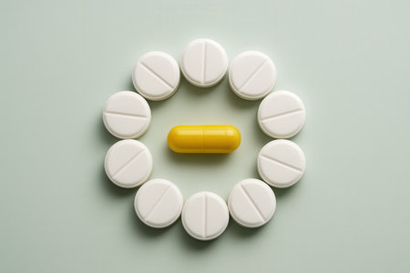 Single Yellow Capsule Surrounded By White Tablets On Mint Green Backgroundの素材
