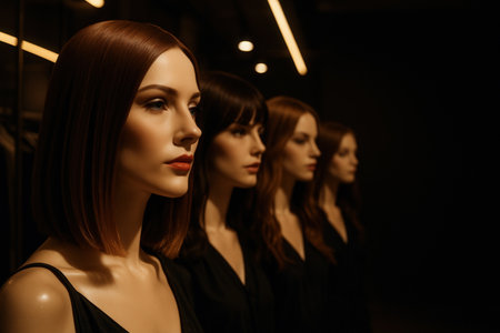 Elegant Mannequins With Perfect Makeup Lined Up In Dark Fashion Showroomの素材