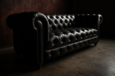 Black Leather Chesterfield Sofa In Dark Loft Interior With Dramatic Lightの素材