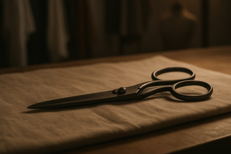 Vintage Tailor's Scissors Resting On Folded Fabric In Warm Studio Lightの素材