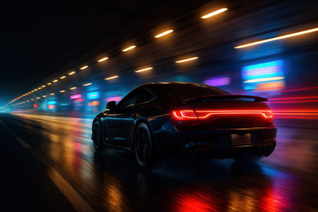 Fast Sports Car Racing Through Neon Tunnel At Night On Wet City Roadの素材