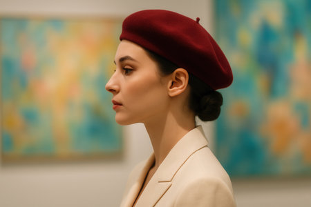 Elegant Young Woman In Red Beret Viewing Abstract Art In Modern Galleryの素材