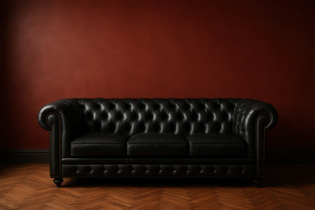Black Leather Chesterfield Sofa Against Dark Red Wall In Elegant Classic Interiorの素材
