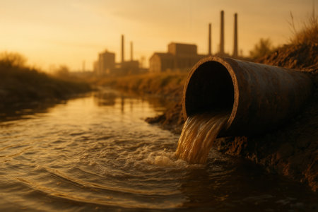 Industrial Wastewater Flowing From Rusty Pipe Into River At Sunset Causing Pollutionの素材