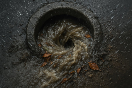 Storm Drain Whirlpool During Heavy Rain In City Streetの素材