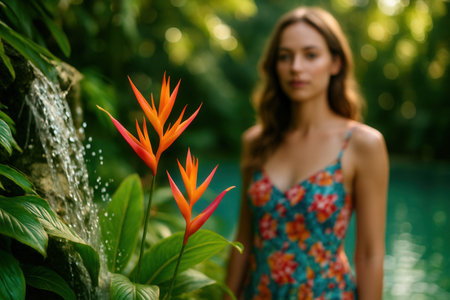 Tropical Bird Of Paradise Flower With Woman In Lush Gardenの素材