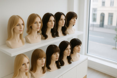 Modern Wig Salon Display With Mannequin Heads In Bright Showroomの素材