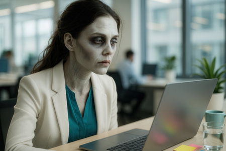 Exhausted Office Woman With Zombie Makeup Staring At Laptop In Modern Workplaceの素材