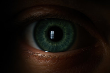 Dramatic Green Human Eye In Darkness With Detailed Iris Texture And Reflectionの素材