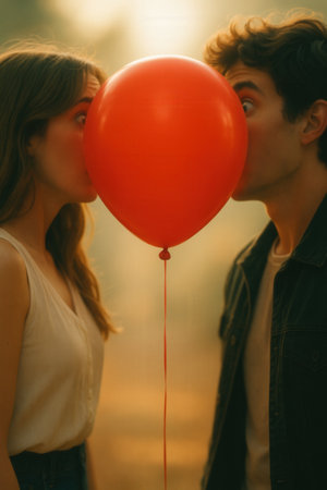 Playful Couple Hiding Kiss Behind Bright Red Balloon at Sunsetの素材