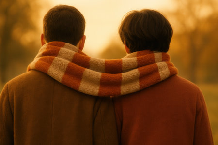Shared Checkered Scarf Around Two Men Walking Together on Warm Autumn Eveningの素材