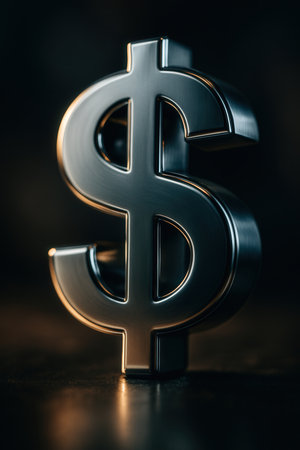 Shiny Metallic Dollar Symbol Standing in Dramatic Low Key Lightの素材