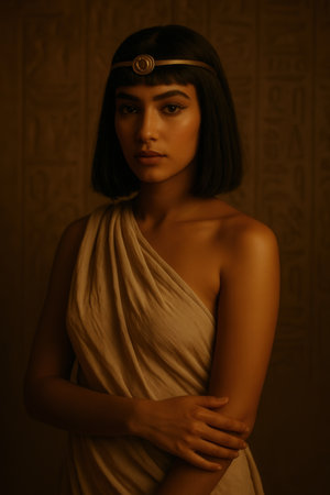 Elegant Young Egyptian Woman in Ancient Inspired Dress and Headbandの素材