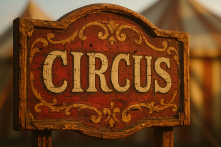 Weathered Vintage Circus Sign with Ornate Red and Gold Decoration at Fairground Entranceの素材