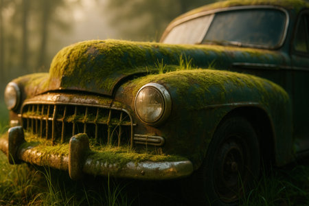 Abandoned Moss Covered Vintage Car Slowly Reclaimed By Forest Nature At Dawnの素材