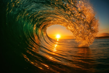 Golden Sunset Inside Ocean Wave Barrel With Dramatic Surf Tunnelの素材