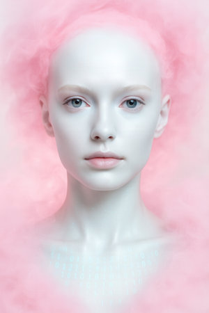 Futuristic Pastel AI Woman Emerging From Pink Cloud Of Dataの素材