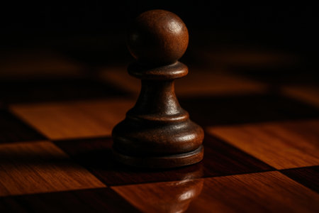 Wooden Chess Pawn on Checkered Board in Dramatic Lightingの素材