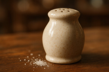 Ceramic Salt Shaker with Spilled Grains on Wooden Tableの素材