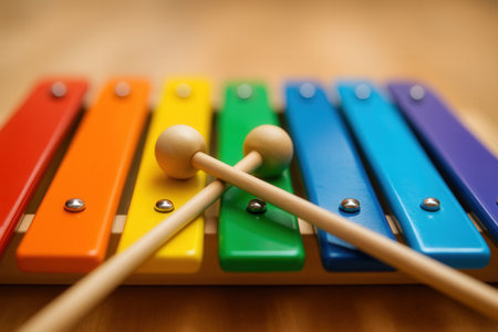 Colorful Xylophone with Wooden Mallets Ready to Playの素材