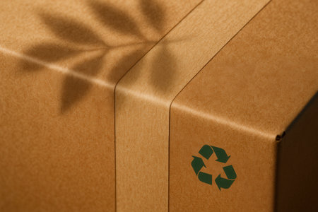 Eco-Friendly Brown Cardboard Box with Recycle Symbol and Leaf Shadowの素材