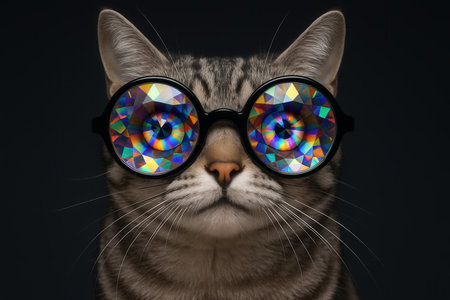Tabby Cat Wearing Round Prismatic Glasses With Rainbow Reflectionsの素材