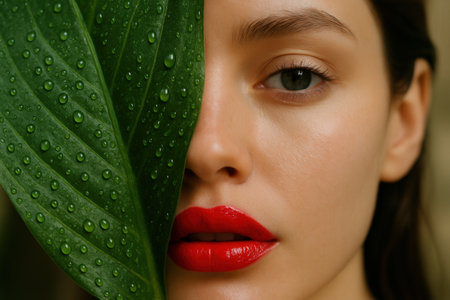 Beauty Portrait Of Woman With Red Lips Partly Hidden Behind Dewy Green Leafの素材