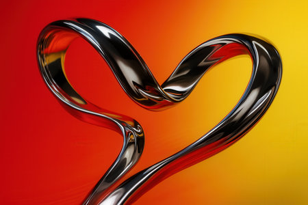 Polished Chrome Ribbon Heart On Vibrant Red And Yellow Gradient Backgroundの素材