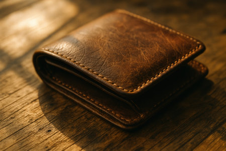 Vintage Brown Leather Wallet On Rustic Wooden Table In Warm Sunlightの素材